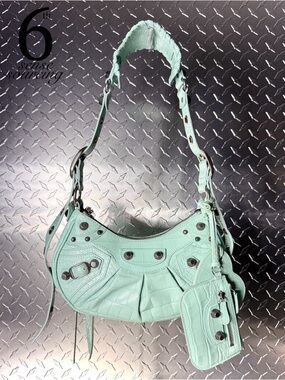 Balenciaga Supple Calfskin Croc Embossed Le Cagole Shoulder Bag in Green Aqua